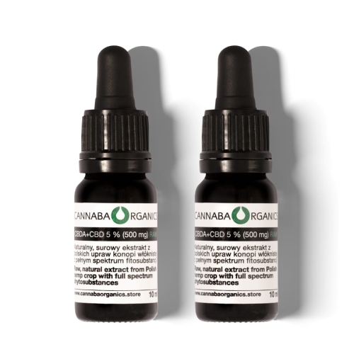 Zestaw 2 buteleczek 10 ml z olejem 5% CBDA+CBD surowym z chlorofilem